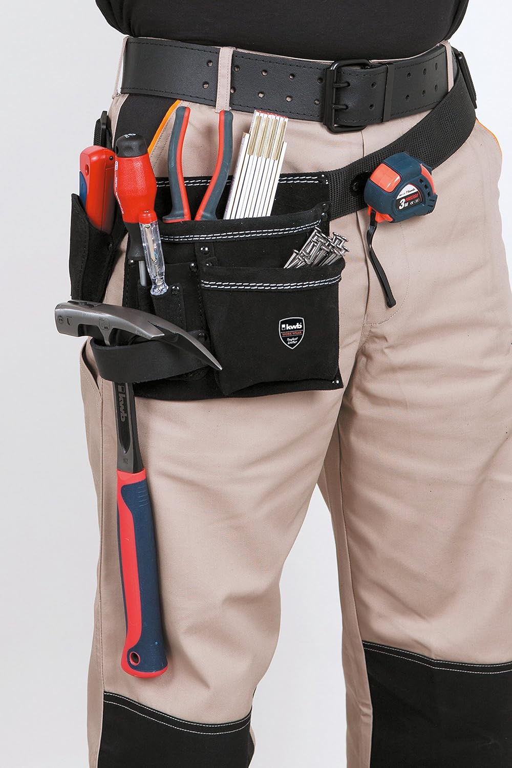 Kwb Sacoche à Outils En Cuir Avec Ceinture - 5 Compartiments, Poche à Clous, Poche à Couteau, Porte Marteau Et Support Pour Mètre Ruban