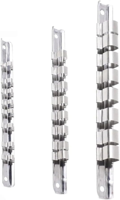  Support De Rangement Pour Douilles Avec 8 Clips Compatibles Avec Douilles De 1/4", 3/8", 1/2" Montées Sur Rail Pour Garage Et Gestion D'outils Industriels (3 Pièces)