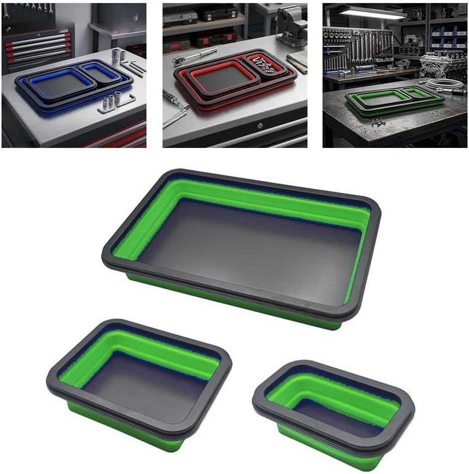  Lot De 3 Plateaux De Rangement Magnétiques Pliables En Silicone Pour Outils D'atelier Avec Adhésif Double Face Pour Sécuriser Les écrous, Les Boulons Et Les Vis Pendant Les Tâches D'assemblage, Noir