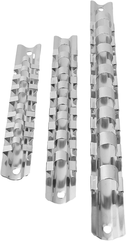  Support De Rangement Pour Douilles Avec 8 Clips Compatibles Avec Douilles De 1/4", 3/8", 1/2" Montées Sur Rail Pour Garage Et Gestion D'outils Industriels (3 Pièces)