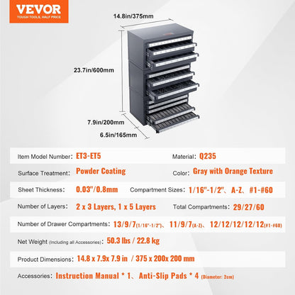  VEVOR Lot De 3 Organiseurs à Cinq Tiroirs à Trois Lettres Pour Tailles De Jauge De Fil, Empilables Pour Le Rangement Des Forets, Q235, Gris Avec Texture Orange, (0,6 Cm à 1,27 Cm) + (A à Z)+(#1 à #60)
