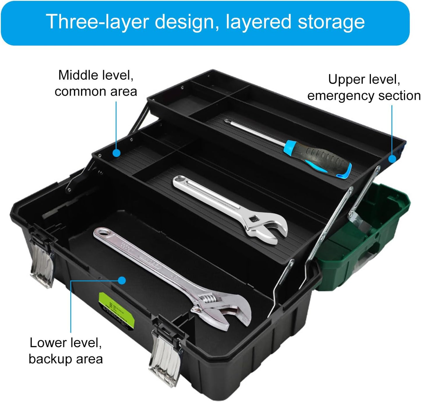  Boîte à Outils Pliable Ergonomique De Grande Capacité De 43,2 Cm Avec Trois Couches Extensibles Et Systèmes De Verrouillage Sécurisé