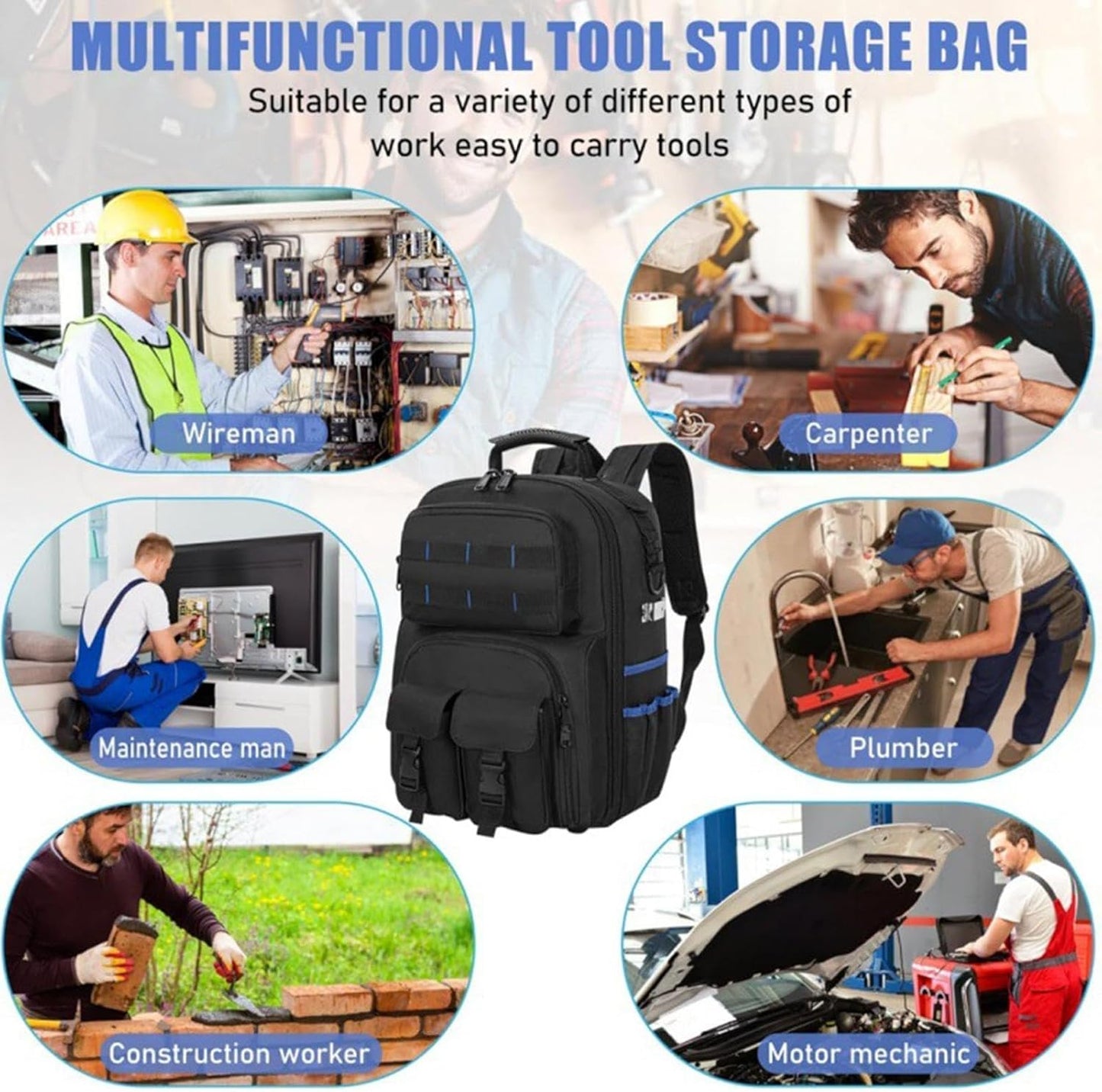 Genérico Sac à Dos Porte-outils Robuste, Organisateur Avec Base Rigide, Avec De Nombreuses Poches, Sac à Dos Porte-outils Robuste Pour Homme, Pour Technicien, Bâtiment, électricien, Plombier, Usage Extérieur