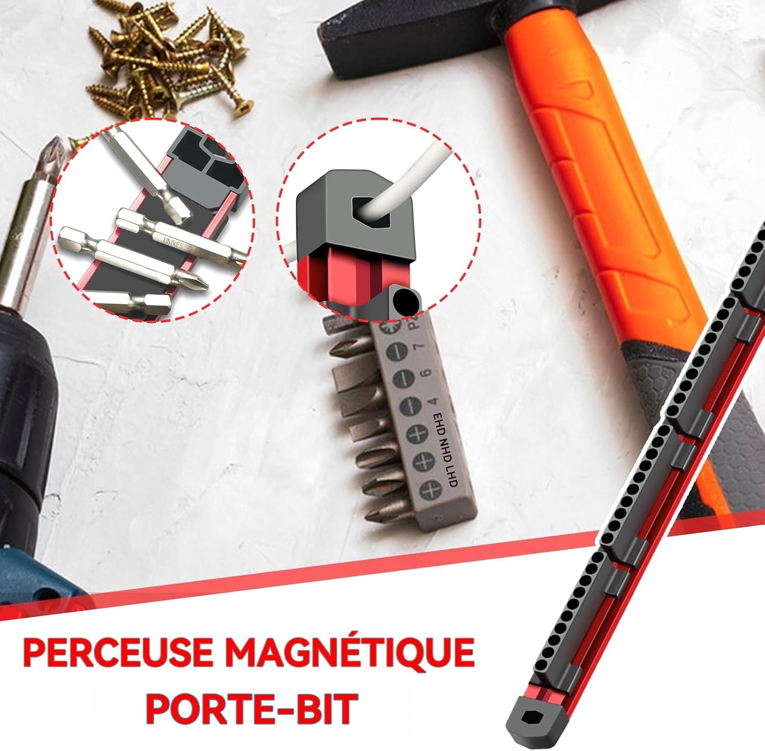  Générique Magnetic Drill Bit Organizer, 40-Slot Screwdriver Bit Storage, Wall-Mount Station, Space-Saving Tool Management, Crafted From Aluminum Alloy Materials, 16.15x1.18x1.06in