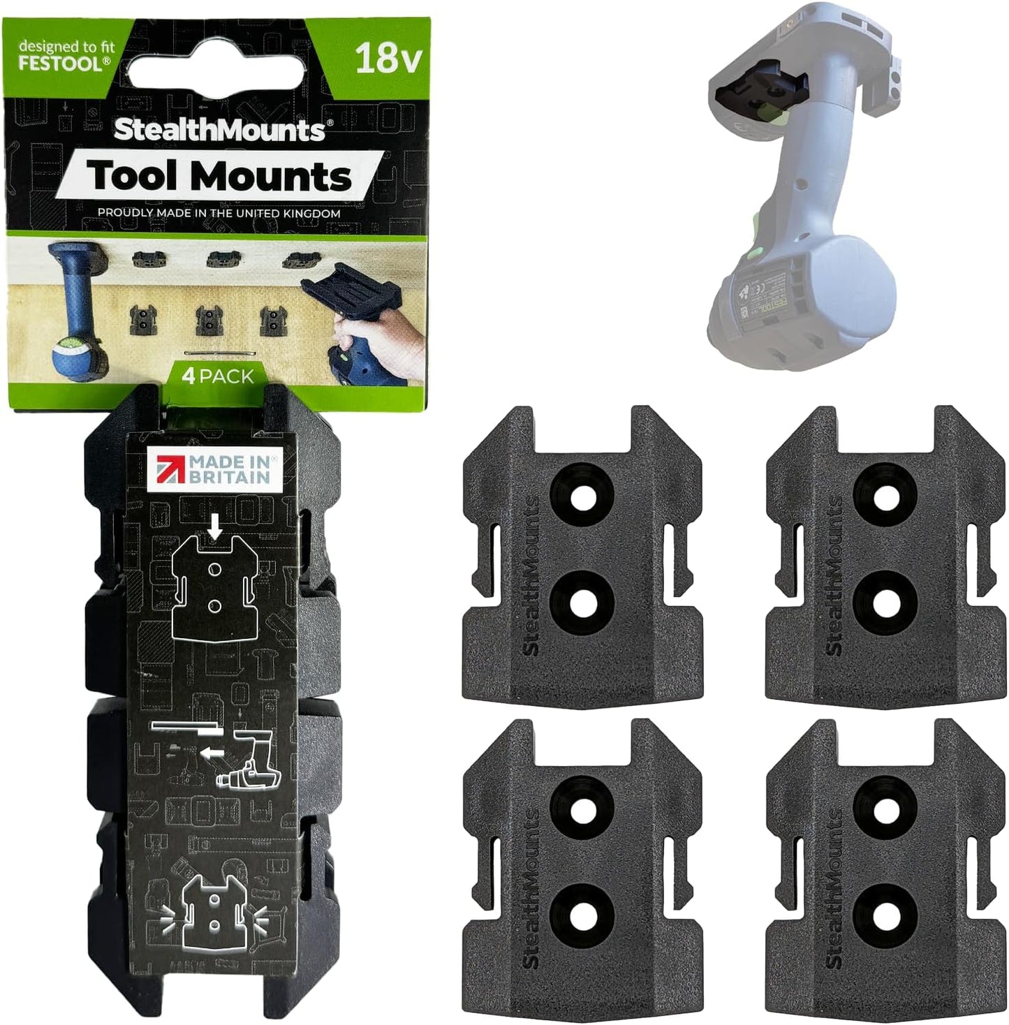  StealthMounts Lot De 4 Supports D'outils Pour Festool 18 V | Fabriqué Au Royaume-Uni | Noir