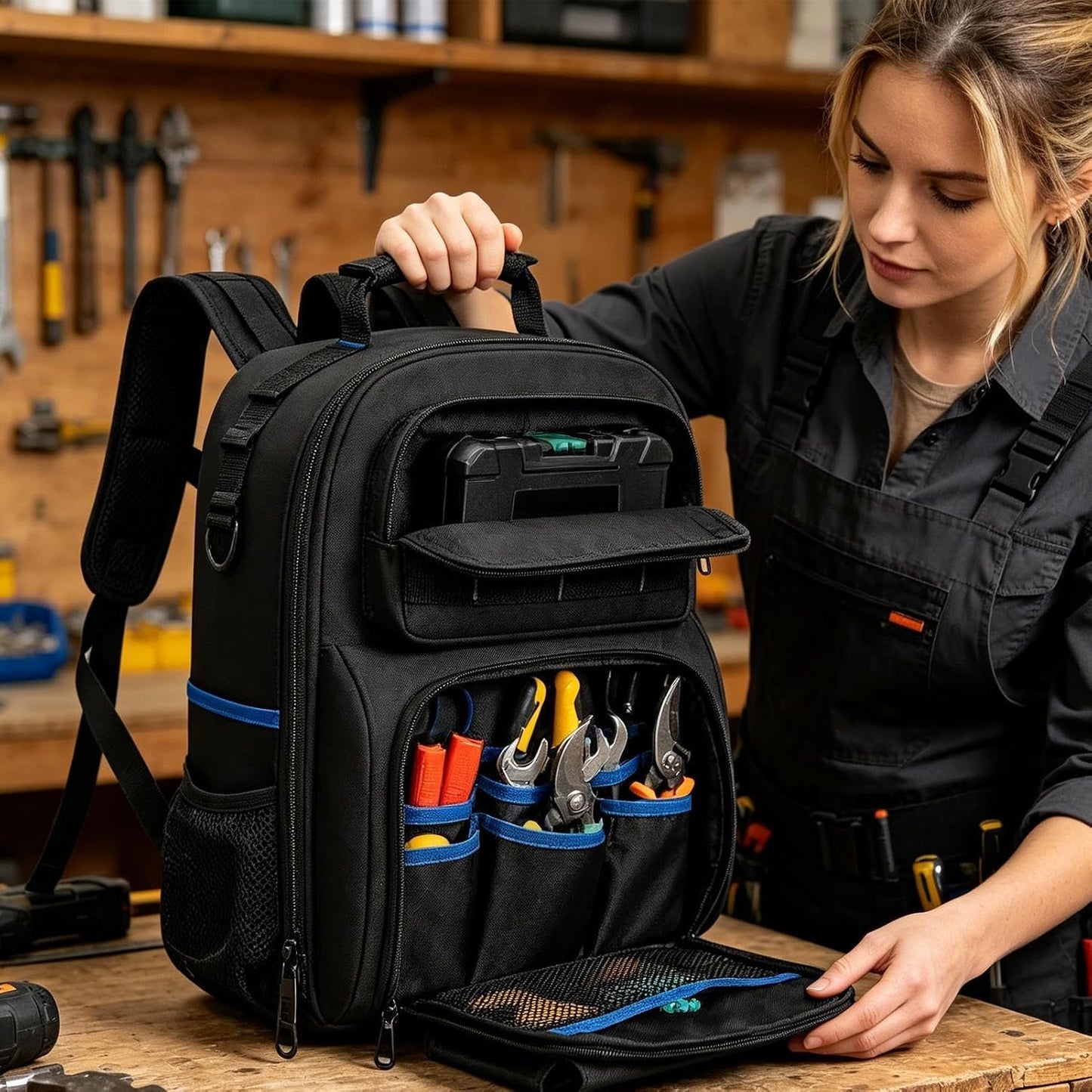 Genérico Sac à Dos Porte-outils Robuste, Organisateur Avec Base Rigide, Avec De Nombreuses Poches, Sac à Dos Porte-outils Robuste Pour Homme, Pour Technicien, Bâtiment, électricien, Plombier, Usage Extérieur