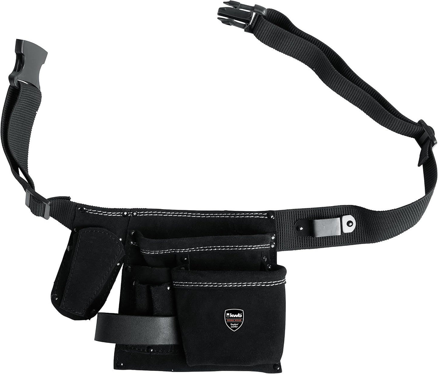  Kwb Sacoche à Outils En Cuir Avec Ceinture - 5 Compartiments, Poche à Clous, Poche à Couteau, Porte Marteau Et Support Pour Mètre Ruban