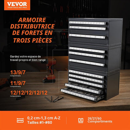  VEVOR Lot De 3 Organiseurs à Cinq Tiroirs à Trois Lettres Pour Tailles De Jauge De Fil, Empilables Pour Le Rangement Des Forets, Q235, Gris Avec Texture Orange, (0,6 Cm à 1,27 Cm) + (A à Z)+(#1 à #60)