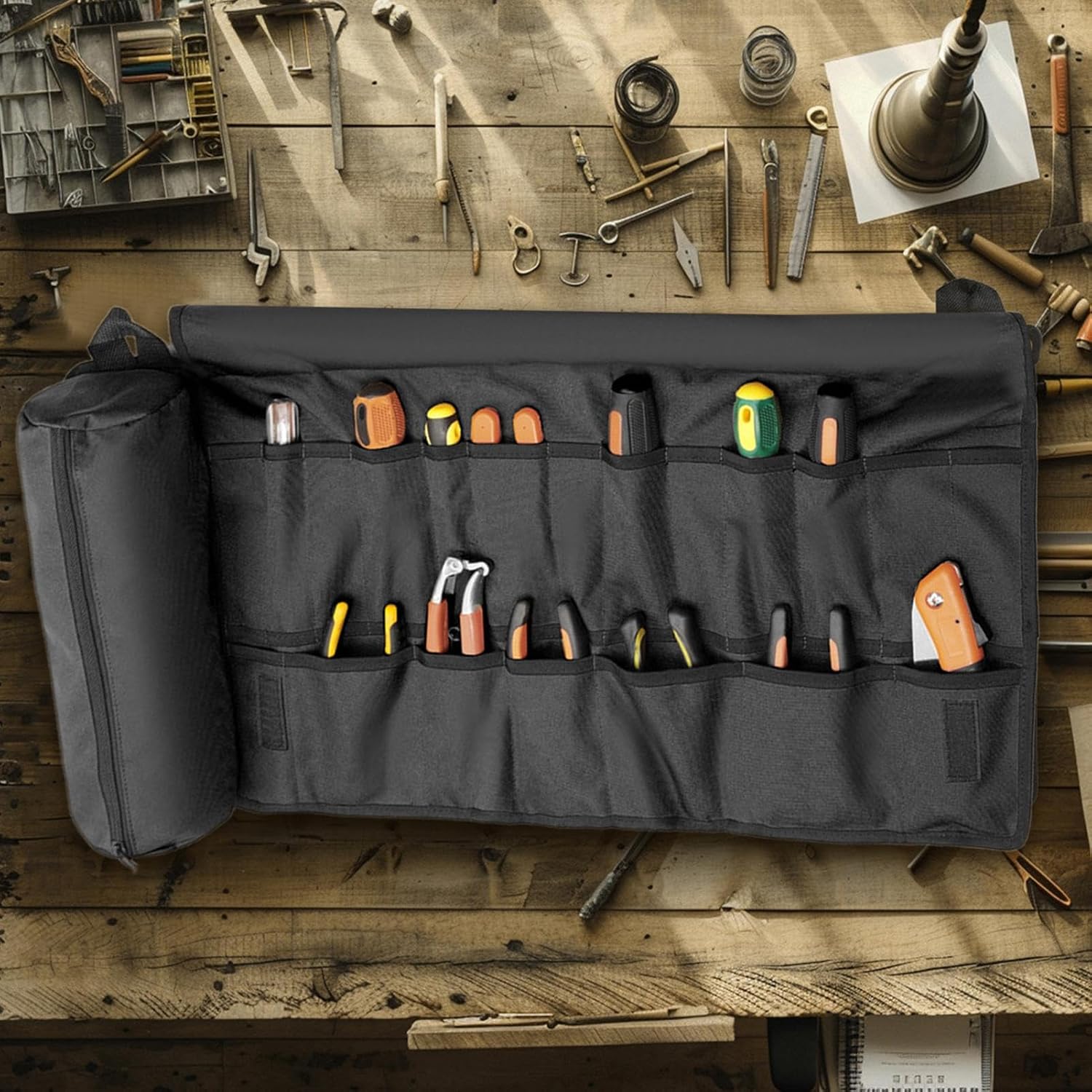  Pochette à Outils Enroulable, Sac à Outils Pliable, Sac De Transport Résistant à L'usure, Poignée épaisse Et Durable Pour Le Rangement Du Matériel, L'organisation Et L'utilisation En Extérieur, 36,5 X