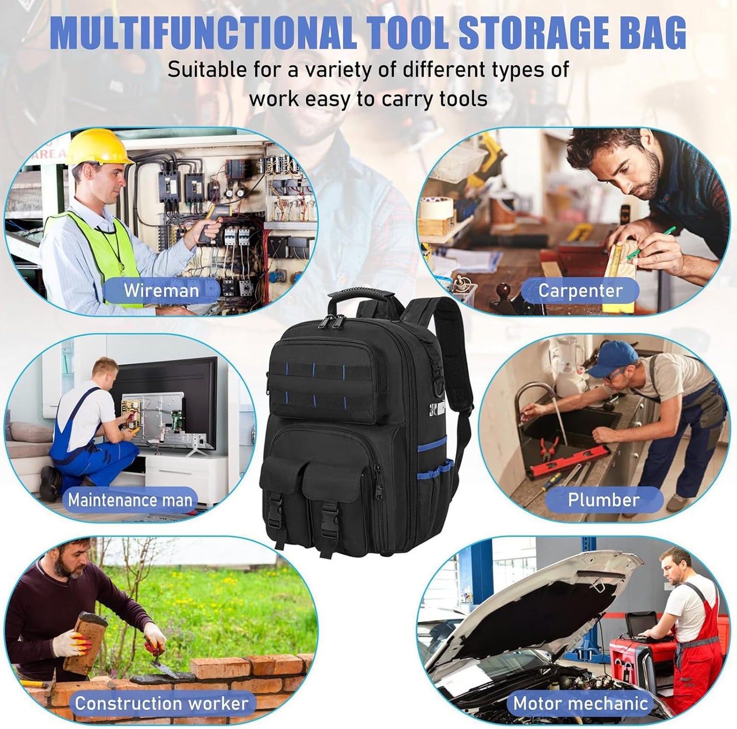  Sac à Outils Sac à Dos De Rangement Pour Homme Sac De Rangement Pour Réparateur, électricien, Bricoleur