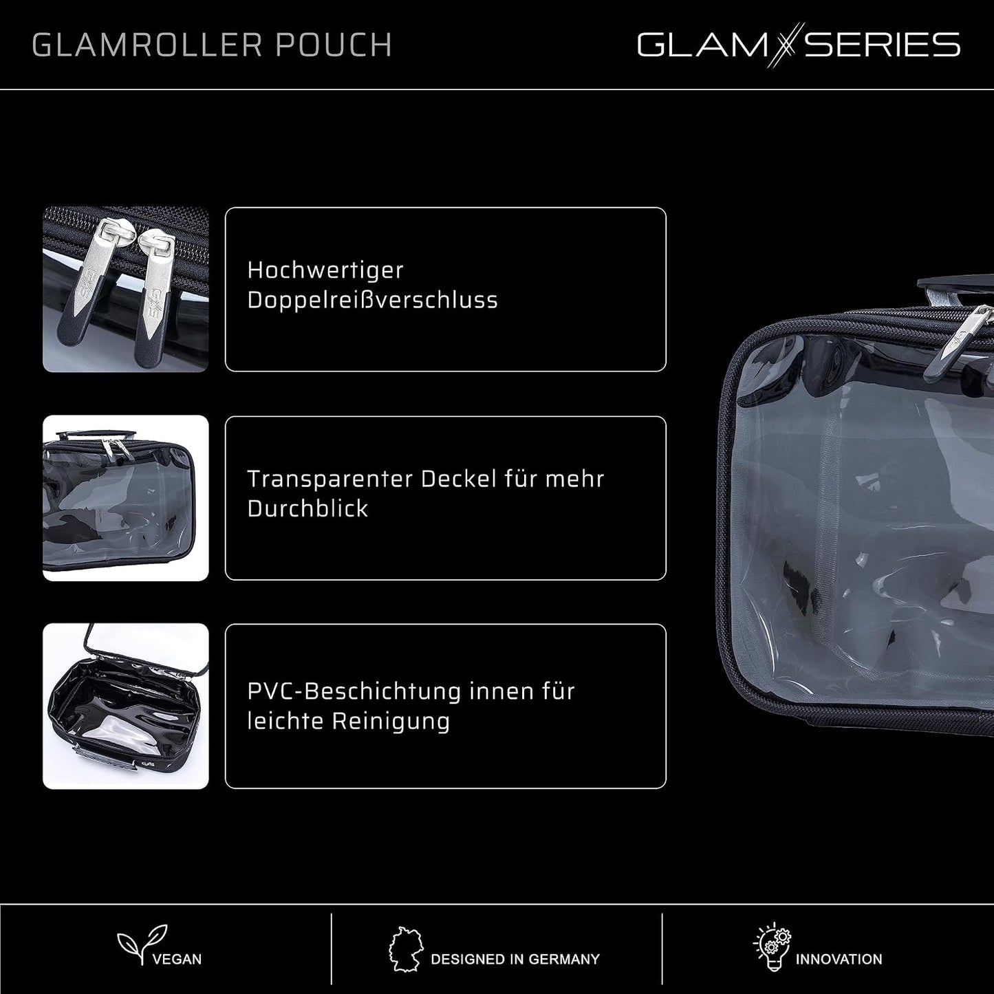  GlamRoller Pouch Sacs Inlay 300 X 175 X 85 Mm, Sac à Maquillage Recouvert De PVC Avec Couvercle Transparent