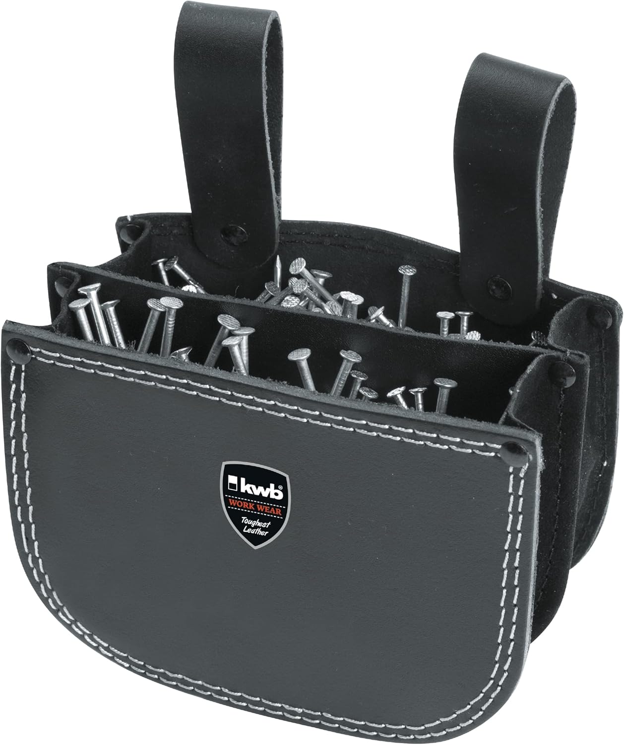  Kwb Sac à Ongles En Cuir Pour Couvreur Avec Deux Compartiments Et Passant De Ceinture Pour Accrocher Dans Un Double Compartiment Noir